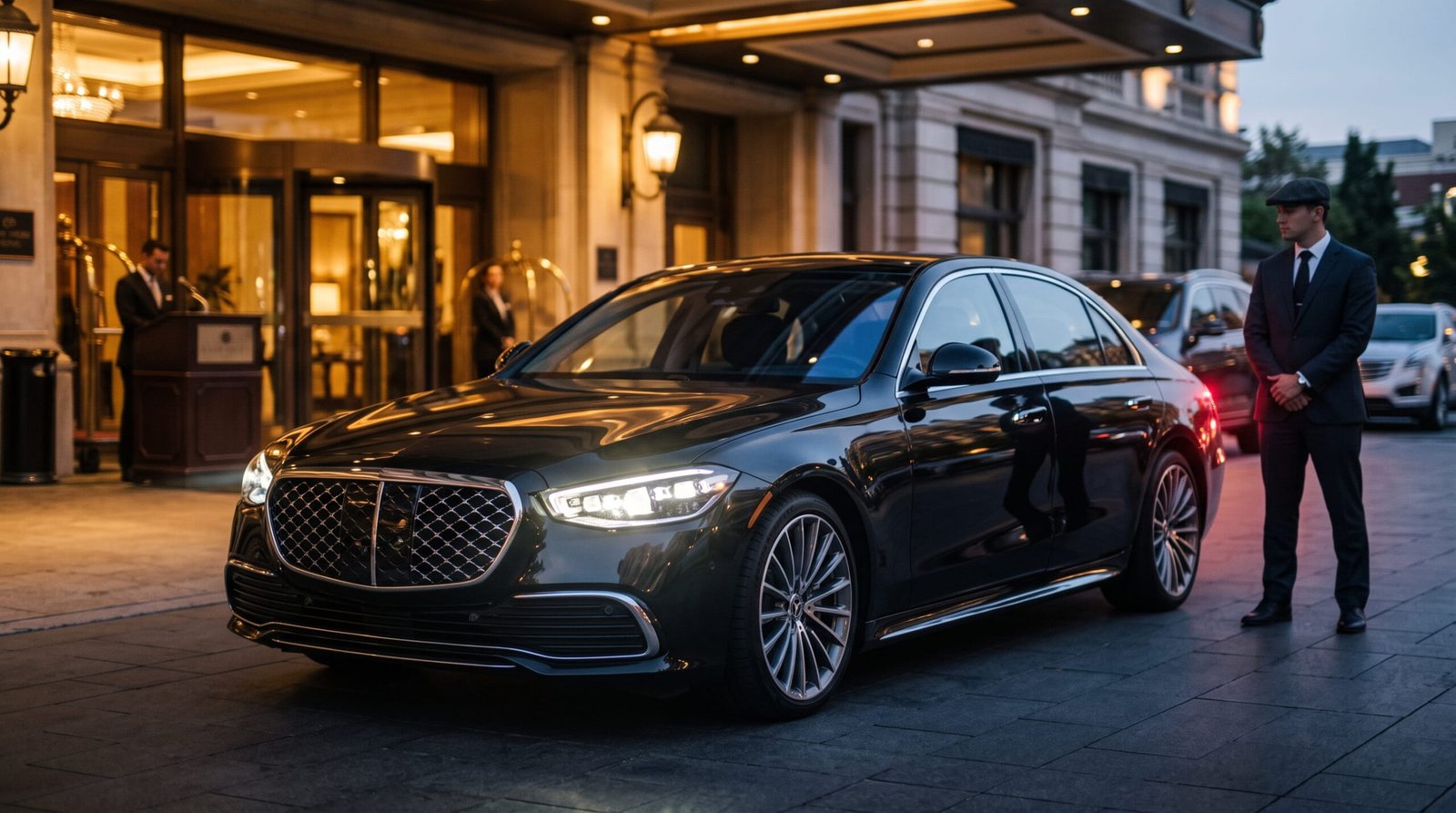Professional chauffeur standing beside a luxury sedan, hourly chauffeur service