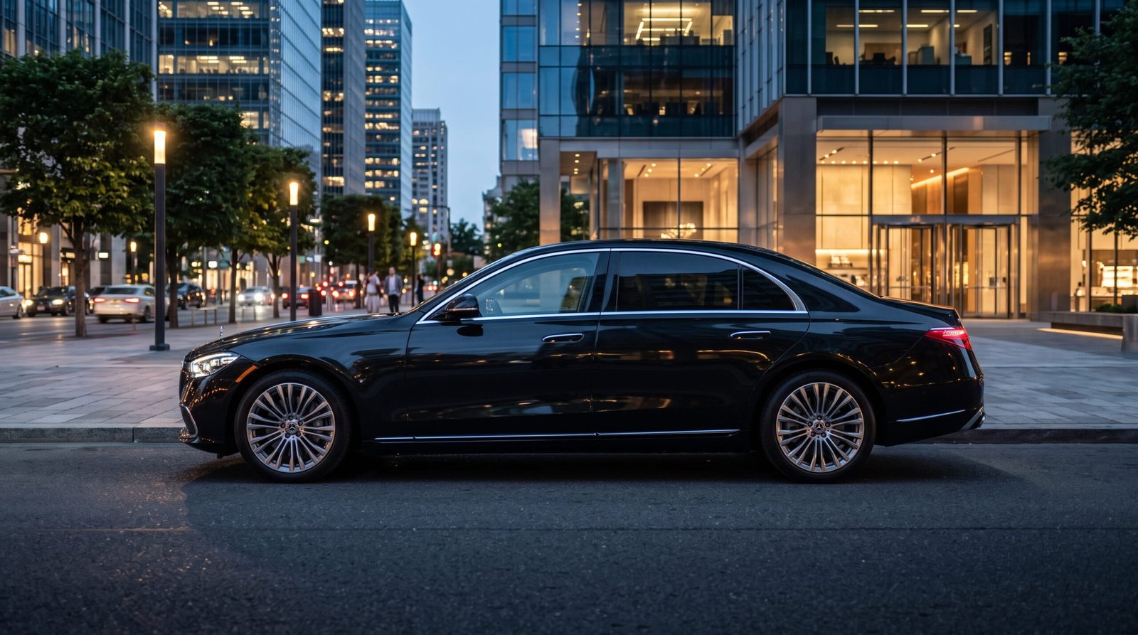 Executive sedan on a city boulevard for corporate travel in Baltimore and Washington DC